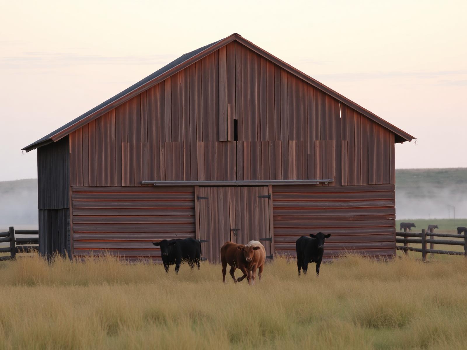Weathered barn at dawn with miniature cattle in pasture