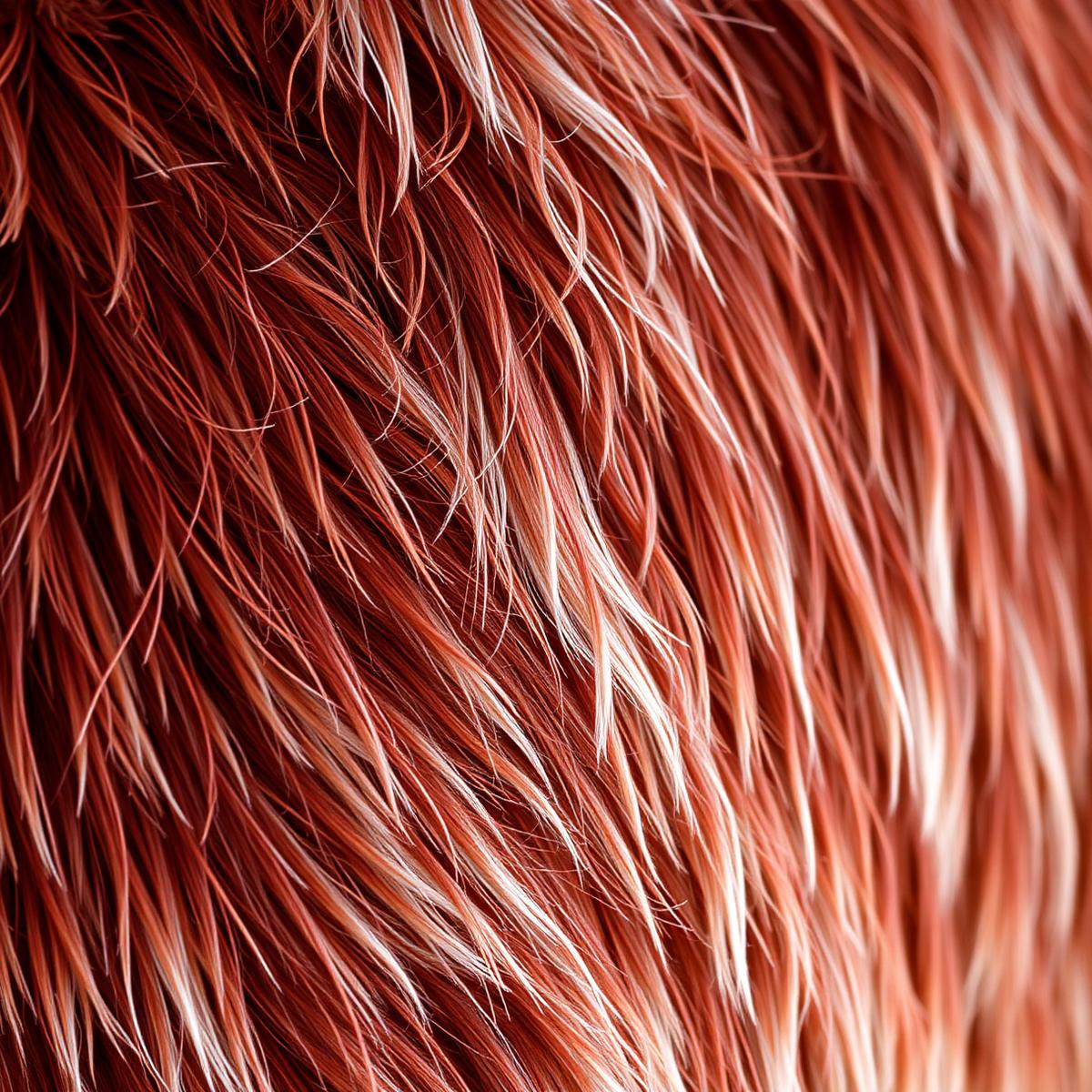 Red roan miniature cattle coat — red and white hairs mixed in an Oklahoma pasture